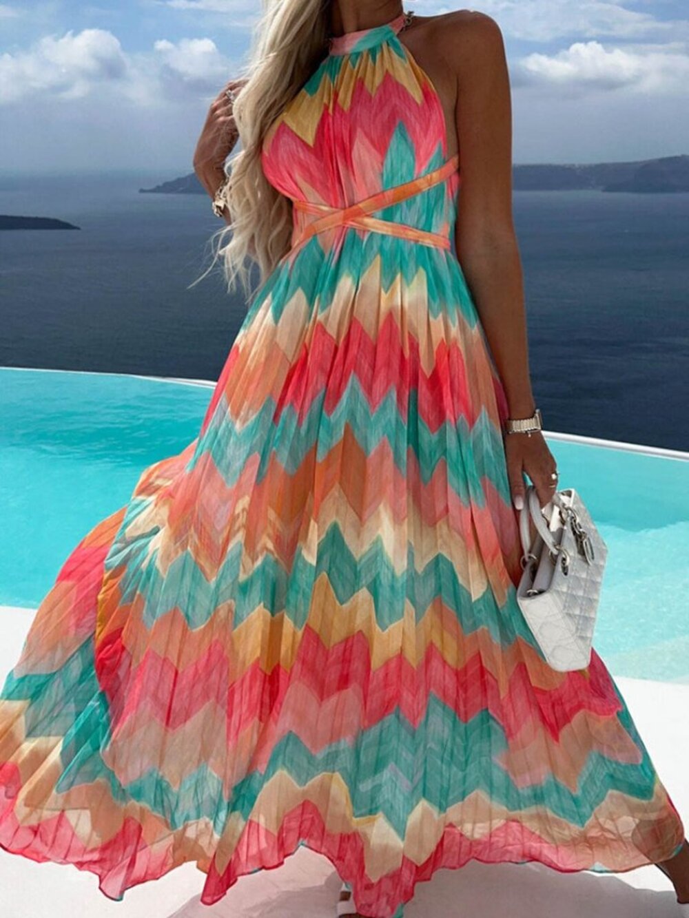 Colorful Chevron Halter Maxi Dress - Picture 3 of 4